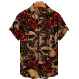 Camisa Floral Masculina Havaiano Con Impresión Del Cráneo 