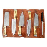 Set 5 Cuchillos 1 Afilador Con Funda De Cuero Cocina Damasco