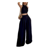 Conjunto Dama Elegante Casual Pantalón Y Crop Top Sin Manga