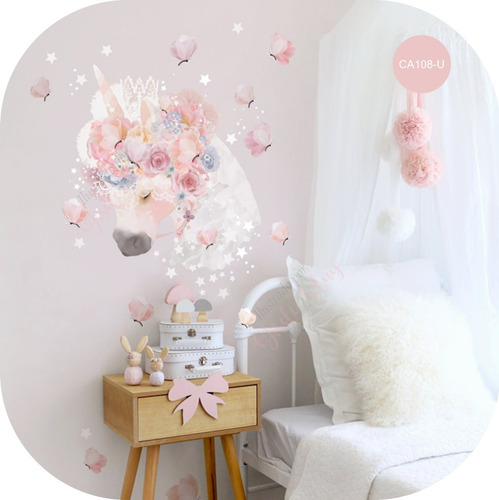 Vinilo Decorativo Infantil Unicornio Con Flores Y Mariposas