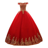 Vestidos De Quinceañera Elegante Color Rojo Dorado Barato  A