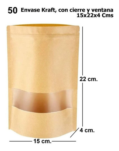 50 Bolsas Papel Kraft Doypack 15x22x4 Cms Cierre Hermetico