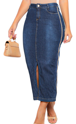 Saia Jeans Casual Midi Reta Versátil Feminina Evangélica 