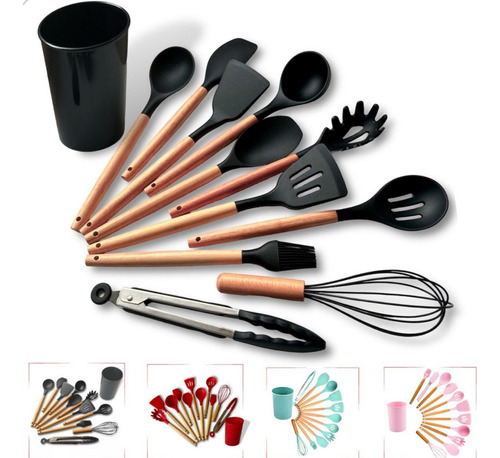 Kit 12 Utensílios De Cozinha Em Silicone E Cabo De Madeira