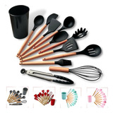 Kit 12 Utensílios De Cozinha Em Silicone E Cabo De Madeira