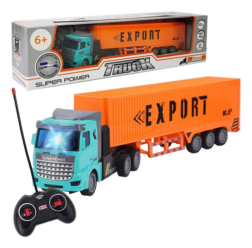 Camion Container Radio Control Recargable Acoplado Luz 1:48 Color Celeste