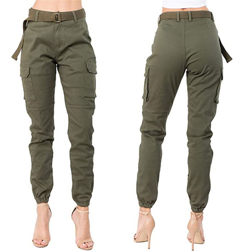 Mujer Pantalones De Cintura Alta Slim Fit Jogger Cargo Solid