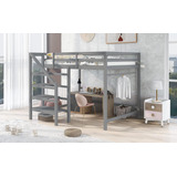 Flieks  Full Size Wooden Loft Bed Frame With Built-in Storag