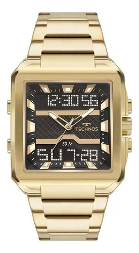 Relógio Masculino Technos Dourado Grande Prova D´agua Cor Do Fundo Preto