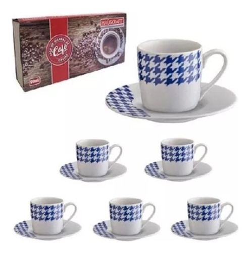 Jogo Xícaras Café Com Pires 12 Peças Porcelana 90ml Azul