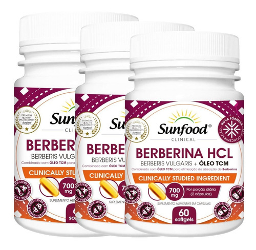 Berberina + Tcm 60 Cáps 700mg Softgels Kit 3 Potes Sunfood