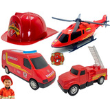 Kit Caminhão Bombeiro +capacete Brinquedo Helicóptero Menino