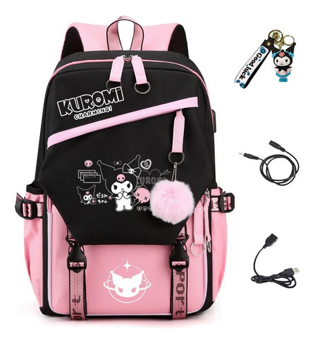 Mochilas Escolares Niña Kuromi Mochila Para Laptop Impermeable Con Carga Usb Y Conector Para Auriculares Y Llavero Kawaii Estilo Coreano Juvenil