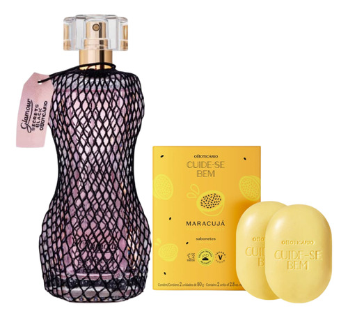 Combo Glamour Secrets Black 75ml + Sabonetes Em Barra Cuide-se Bem Feira Maracujá 2x80g Kit Perfume Feminino O Boticário 