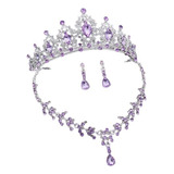 Conjunto Tiara Colar Brinco Prateado Lilas Strass Festa Luxo