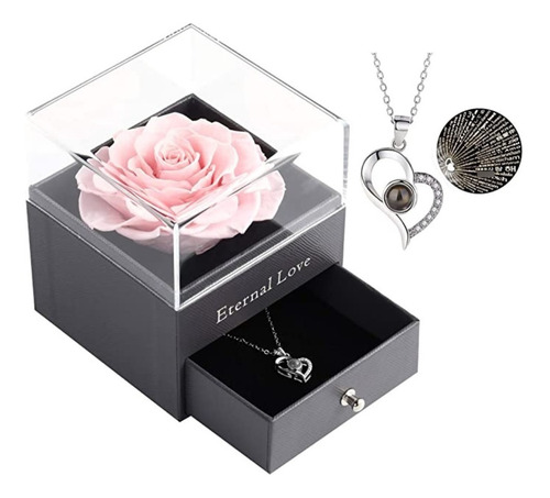 Rosa Real Eterna Y Collar Con Dije, Caja De Regalo Acrilico