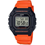 Reloj De Pulsera Casio Youth W-218h De Cuerpo Color Negro, Digital, Para Hombre, Fondo Gris, Con Correa De Resina Color Naranja, Dial Negro, Minutero/segundero Negro, Bisel Color Negro, Luz Ámbar Y He