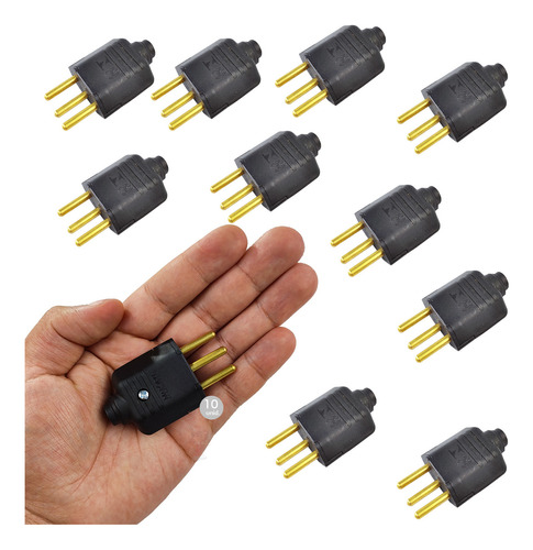 Kit 10 Plugues Macho Pino 10a 2p+t Para Extensão Preto