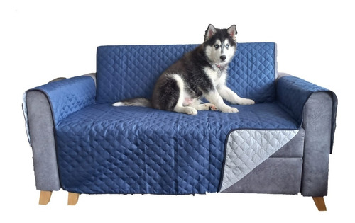 Protector Sofa Forro Mueble  Doble Faz Azul /gris 4 Puestos 