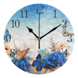 Reloj De Pared Decorativo De Mariposa Con Flores Azules Sile