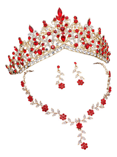 Kit Tiara Coroa + Colar Brinco Debutante Noiva Alto Luxo Cor Vermelho E Dourado