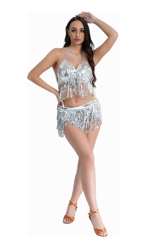 Trajes De Danza Adulto Lentejuelas Borla  Crop Top + Falda