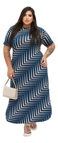 Vestido Longo Plus Size Casual Azul Linhas Moda Evangélica 