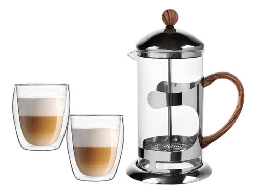 Set Cafetera + 2 Jarros Doble Vidrio Larhaus Barista Latte