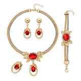 Conjunto Colar Pulseira Brinco Anel Dourado Strass Vermelho