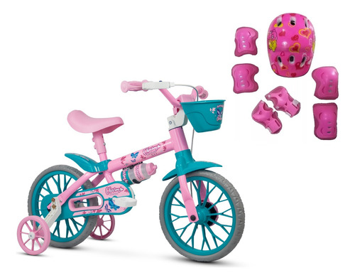 Bicicleta Aro 12 Infantil Nathor Charm + Kit Proteção Rosa