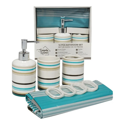 Set De Baño 16 Piezas Incluidas Cortina, Jabonera, Ganchos Turquesa