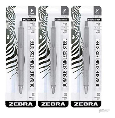 3 - Zebra F-701 Bolígrafos, Acero Inoxidable Con El Apretón 