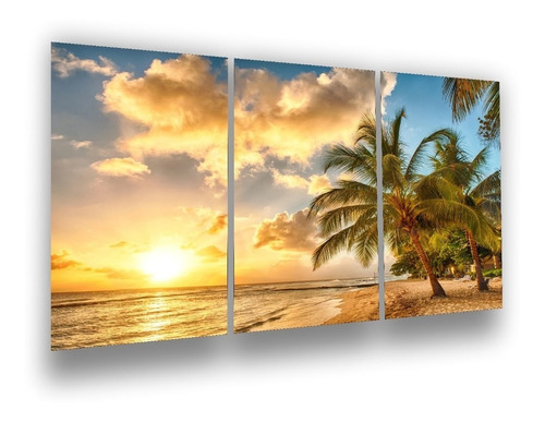 Quadro Mdf 3 Peças Praia Coqueiro Mar Por Do Sol 120x60 