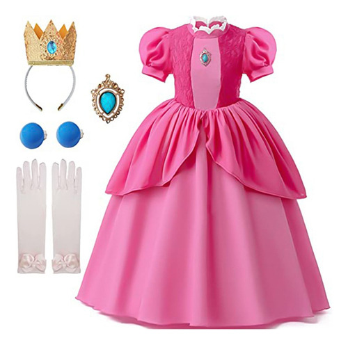 Super Mario Disfraz De Princesa Peach For Niñas Y Niños, Halloween Vestido De Princesa Peach Con Accesorios, Guantes Rosas, Corona Y Pendientes