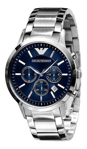 Reloj De Pulsera Emporio Armani Ar2448 De Cuerpo Color Plateado, Analógico, Para Hombre, Fondo Azul, Con Correa De Acero Inoxidable Color Plateado, Agujas Color Plateado, Dial Plateado, Subesferas Col