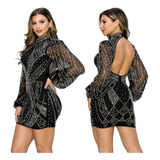 Vestido Fiesta Espalda Descubierta Sexy Ajustado Corto Negro