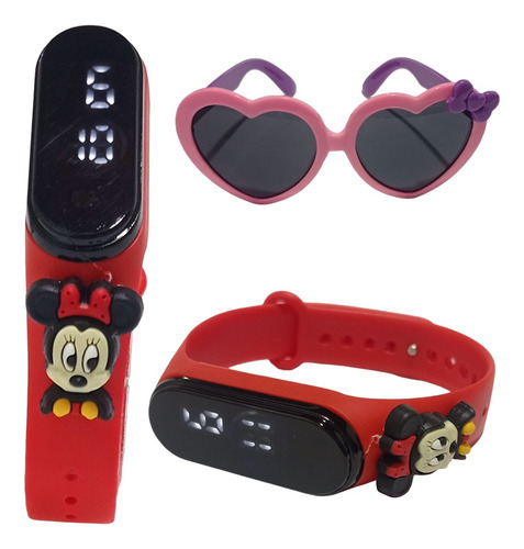 Relógio Infantil Digital Led Minnie Prova D'água+ Óculos Sol