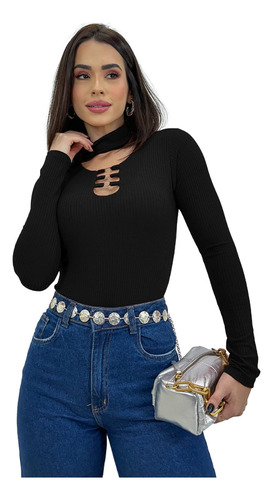 Body Blusa Manga Longa Choker Blusinha Feminina