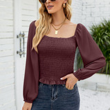 Blusa De Manga Larga Con Cuello Cuadrado Y Cintura Ajustada