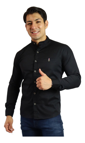 Camisa Lisa Manga Larga Para Hombre Slim Fit Cuello Mao