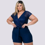 Macaquinho Plus Size Feminino Com Paetê + Cropped Decote V