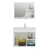 Conjunto Gabinete P/ Banheiro 1 Porta 2 Gavetas E Espelheira Cor Do Móvel Amêndoa/branco