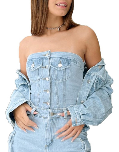 Top Mujer Jean Corset Strapless Denim Cargo Botones Elastico