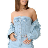 Top Mujer Jean Corset Strapless Denim Cargo Botones Elastico