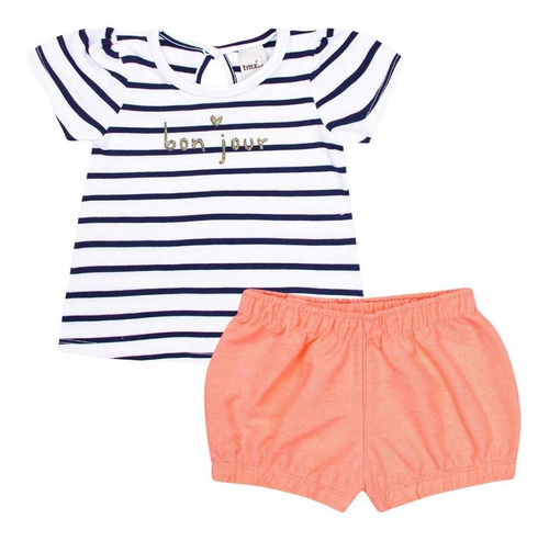 Conjunto Bebê Feminino Blusa Bon Jour Short Laranja Neon