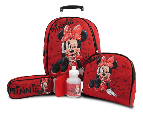 Kit Mochila Infantil Minnie Vermelha Rodinhas Tamanho M