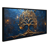 Quadro Decorativo Árvore Da Vida Azul Raízes Douradas Tela
