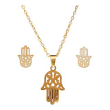 Set Conjunto Cadena Aretes Hamsa Con Estuche Protección Amor