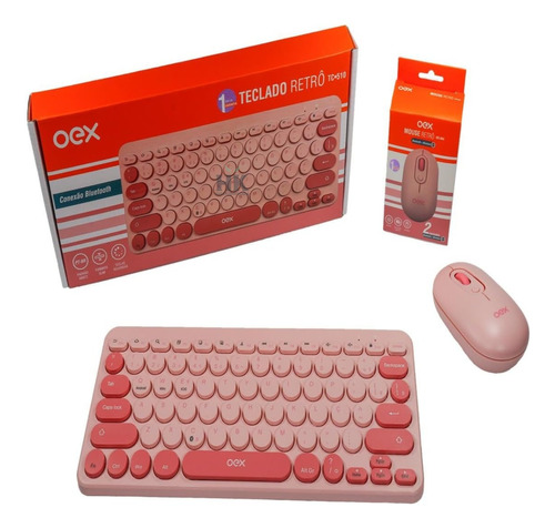 Conjunto Vintage Teclado Mouse Retro Rosa