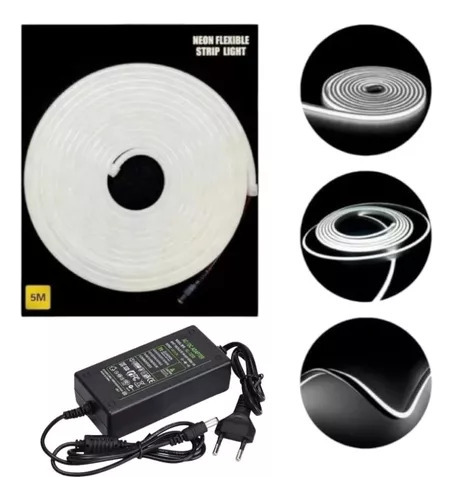 Cinta Neón Flex Blanco 5mts 12volt Con Transformador 5 Amp